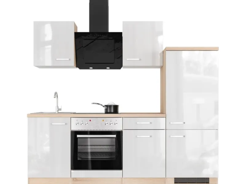 Outlet Flex-Well Exclusiv Küchenzeile Valero 220 cm Hochglanz Weiß - Sonoma Eiche