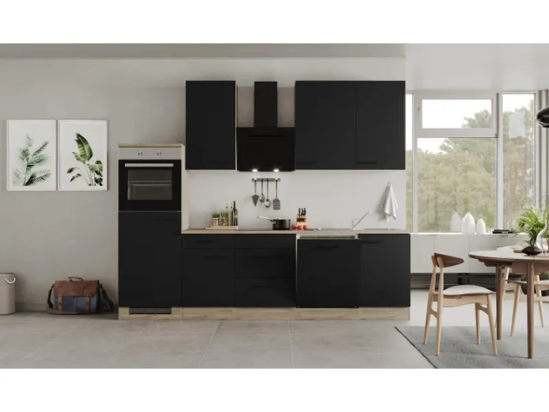 Discount Flex-Well Exclusiv Küchenzeile Capri 280 cm Schwarz Matt-Endgrain Oak