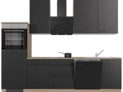 Discount Flex-Well Exclusiv Küchenzeile Capri 280 cm Schwarz Matt-Endgrain Oak