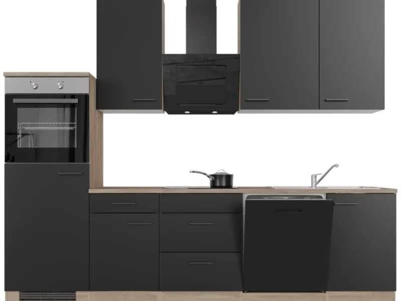 Discount Flex-Well Exclusiv Küchenzeile Capri 280 cm Schwarz Matt-Endgrain Oak