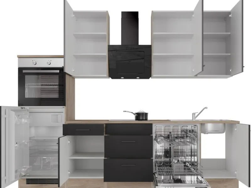 Discount Flex-Well Exclusiv Küchenzeile Capri 280 cm Schwarz Matt-Endgrain Oak