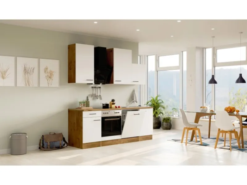 Flex-Well Exclusiv Küchenzeile Vintea 220 cm Magnolia matt - Lancelot Oak< Kochfelder|Herde