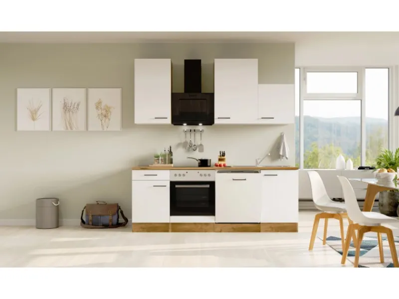 Flex-Well Exclusiv Küchenzeile Vintea 220 cm Magnolia matt - Lancelot Oak< Kochfelder|Herde