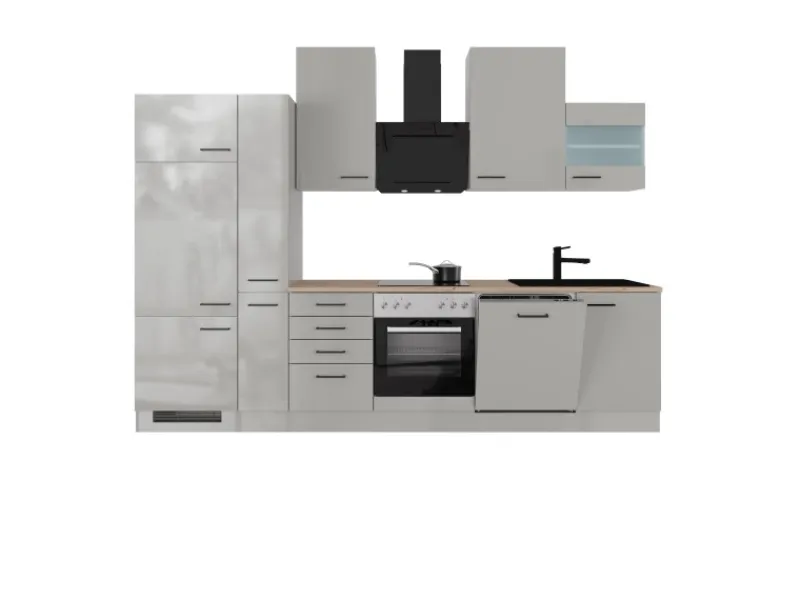 Flex-Well Exclusiv Küchenzeile Lund 310 cm Lichtgrau glänzend-Rauchgrau< Kühlschränke
