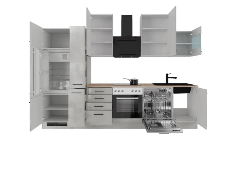 Flex-Well Exclusiv Küchenzeile Lund 310 cm Lichtgrau glänzend-Rauchgrau< Kühlschränke