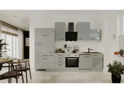 Flex-Well Exclusiv Küchenzeile Lund 310 cm Lichtgrau glänzend-Rauchgrau< Kühlschränke