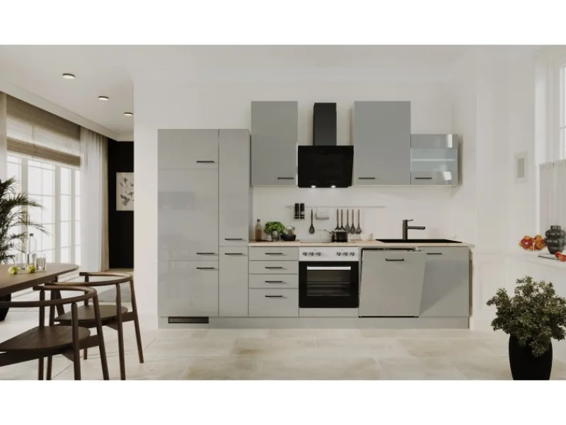 Flex-Well Exclusiv Küchenzeile Lund 310 cm Lichtgrau glänzend-Rauchgrau< Kühlschränke