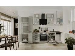 Flex-Well Exclusiv Küchenzeile Lund 310 cm Lichtgrau glänzend-Rauchgrau< Kühlschränke