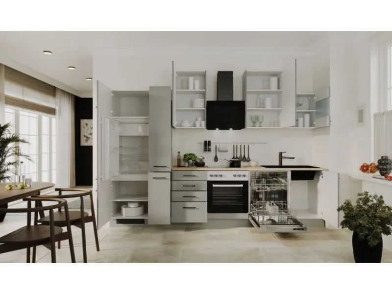 Flex-Well Exclusiv Küchenzeile Lund 310 cm Lichtgrau glänzend-Rauchgrau< Kühlschränke