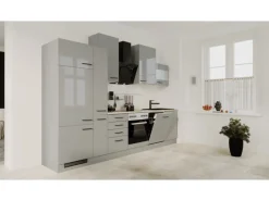 Flex-Well Exclusiv Küchenzeile Lund 310 cm Lichtgrau glänzend-Rauchgrau< Kühlschränke