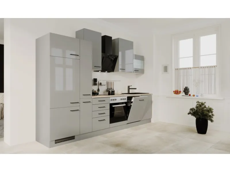 Flex-Well Exclusiv Küchenzeile Lund 310 cm Lichtgrau glänzend-Rauchgrau< Kühlschränke