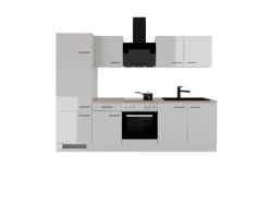 Flex-Well Exclusiv Küchenzeile Lund 270 cm Lichtgrau glänzend-Rauchgrau< Kühlschränke