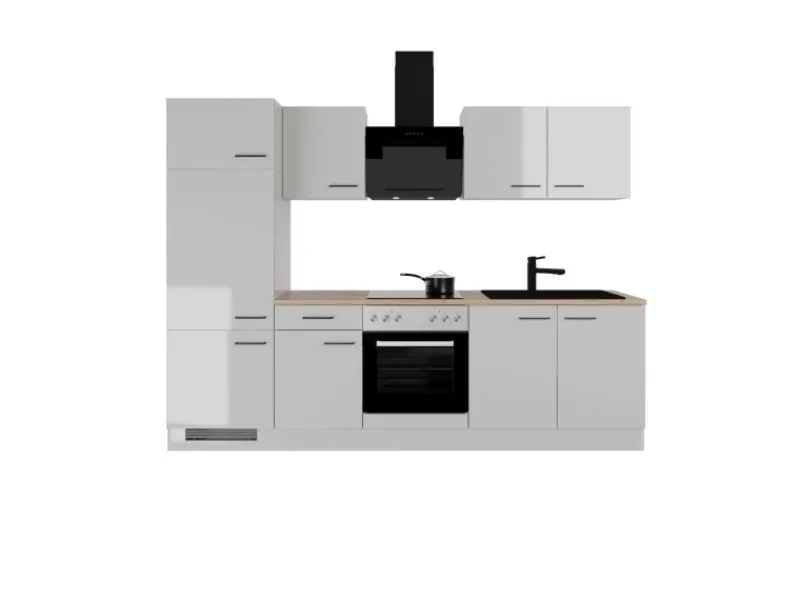 Flex-Well Exclusiv Küchenzeile Lund 270 cm Lichtgrau glänzend-Rauchgrau< Kühlschränke