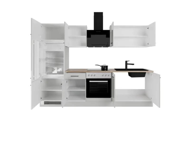 Flex-Well Exclusiv Küchenzeile Lund 270 cm Lichtgrau glänzend-Rauchgrau< Kühlschränke