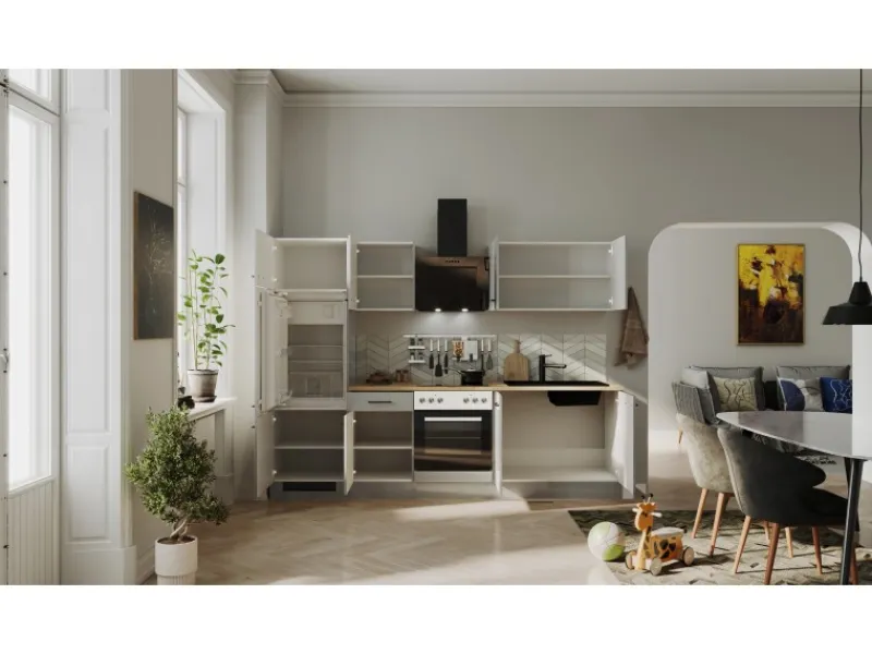 Flex-Well Exclusiv Küchenzeile Lund 270 cm Lichtgrau glänzend-Rauchgrau< Kühlschränke