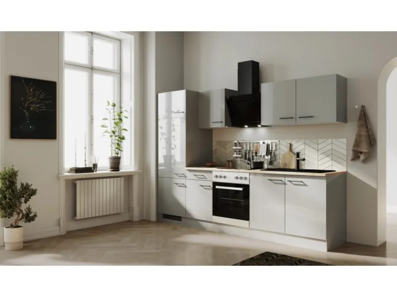 Flex-Well Exclusiv Küchenzeile Lund 270 cm Lichtgrau glänzend-Rauchgrau< Kühlschränke