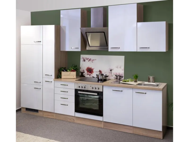 Flex-Well Exclusiv Küchenzeile Valero 310 cm Hochglanz Weiß-Sonoma Eiche< Kochfelder|Küchenschränke