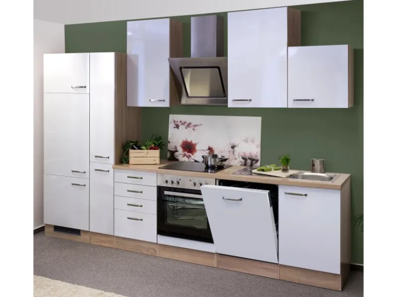Flex-Well Exclusiv Küchenzeile Valero 310 cm Hochglanz Weiß-Sonoma Eiche< Kochfelder|Küchenschränke