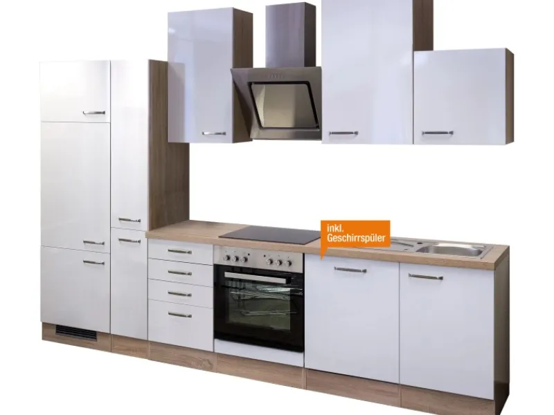 Flex-Well Exclusiv Küchenzeile Valero 310 cm Hochglanz Weiß-Sonoma Eiche< Kochfelder|Küchenschränke