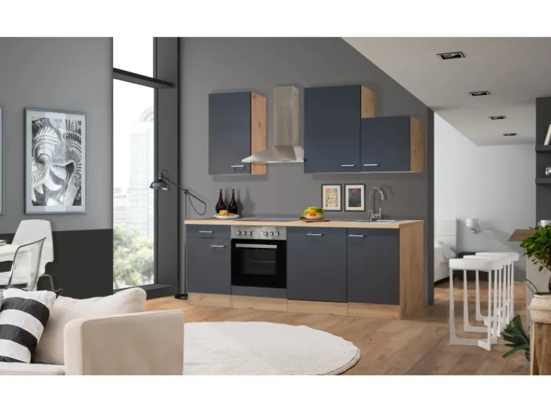 Flex-Well Exclusiv Winkelküchen|Einbauküchen<Küchenzeile Morena 220 cm Basaltgrau Matt - San Remo Eiche