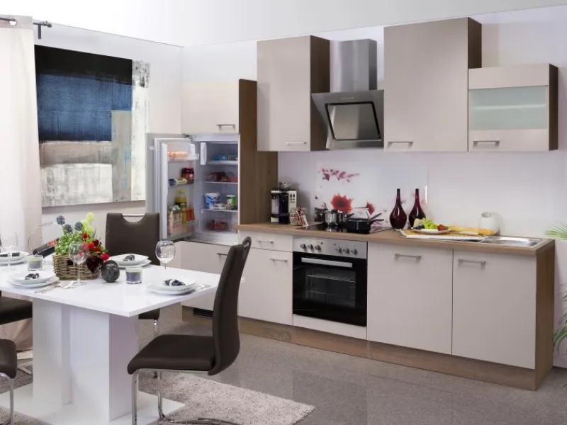 Flex-Well Exclusiv Küchenzeile Orlando 280 cm Kaschmir Glanz-Sonoma Eiche< Kochfelder|Kühlschränke
