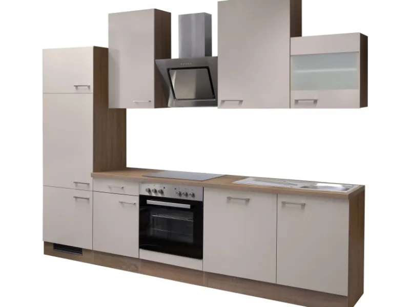 Flex-Well Exclusiv Küchenzeile Orlando 280 cm Kaschmir Glanz-Sonoma Eiche< Kochfelder|Kühlschränke
