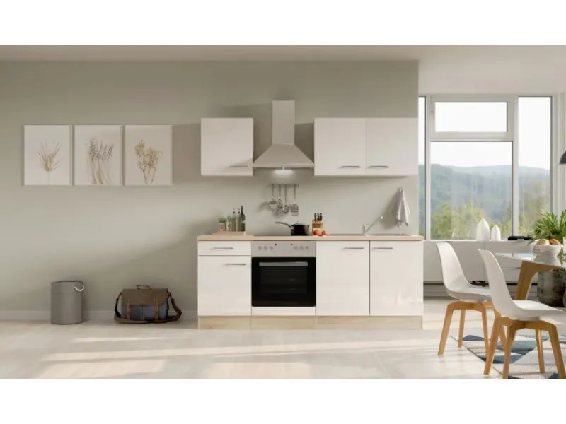 Flex-Well Exclusiv Küchenzeile Valero 210 cm Hochglanz Weiß - Sonoma Eiche< Herde|Kochfelder