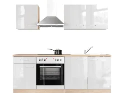 Flex-Well Exclusiv Küchenzeile Valero 210 cm Hochglanz Weiß - Sonoma Eiche< Herde|Kochfelder
