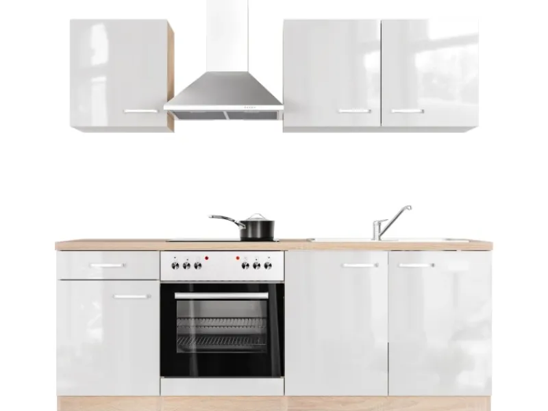 Flex-Well Exclusiv Küchenzeile Valero 210 cm Hochglanz Weiß - Sonoma Eiche< Herde|Kochfelder
