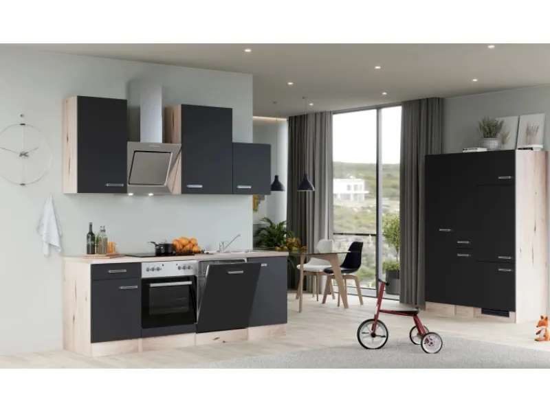 Clearance Flex-Well Exclusiv Küchenzeile Lara 360 cm Anthrazit - San Remo Eiche