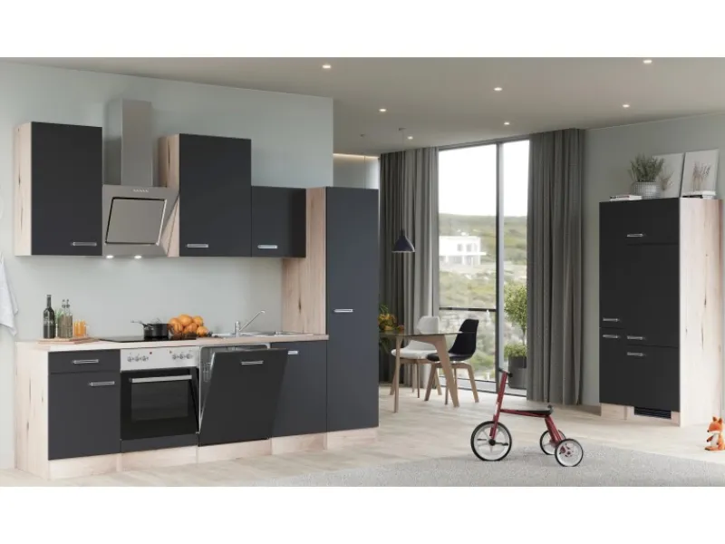 Clearance Flex-Well Exclusiv Küchenzeile Lara 360 cm Anthrazit - San Remo Eiche