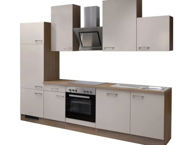 Flex-Well Exclusiv Küchenzeile Orlando 280 cm Kaschmir Glanz-Sonoma Eiche< Kühlschränke|Single-Küchen
