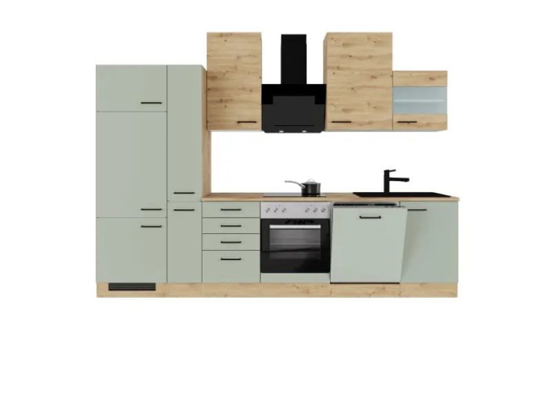 Outlet Flex-Well Exclusiv Küchenzeile Cara 310 cm Schilfgrün matt - Artisan Eiche
