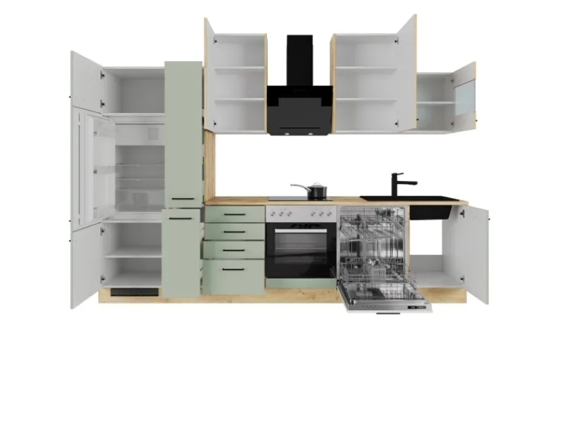 Outlet Flex-Well Exclusiv Küchenzeile Cara 310 cm Schilfgrün matt - Artisan Eiche