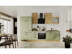 Outlet Flex-Well Exclusiv Küchenzeile Cara 310 cm Schilfgrün matt - Artisan Eiche