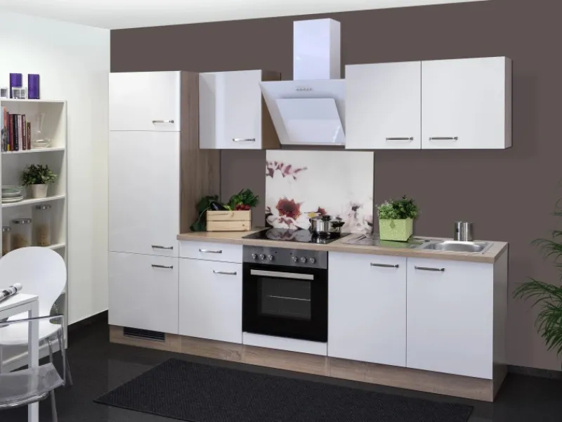 Flex-Well Exclusiv Herde|Kühlschränke<Küchenzeile Valero 270 cm Hochglanz Weiß-Sonoma Eiche