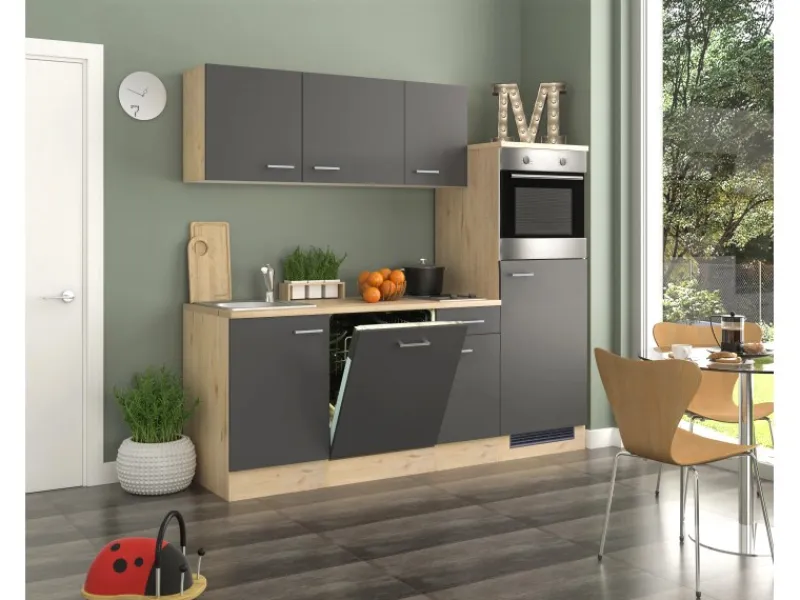 Flex-Well Exclusiv Küchenzeile Morena 210 cm Basaltgrau Matt-San Remo Eiche Hell< Single-Küchen|Winkelküchen