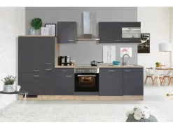 Outlet Flex-Well Exclusiv Küchenzeile Morena 310 cm Basaltgrau matt-San Remo Eiche hell