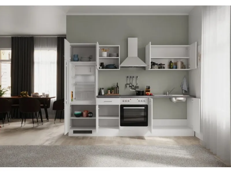 Flex-Well Exclusiv Küchenzeile Joelina 270 cm Weiß matt - Beton Grau< Kühlschränke|Küchenschränke