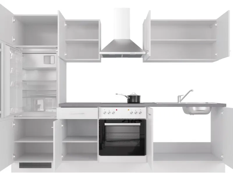 Flex-Well Exclusiv Küchenzeile Joelina 270 cm Weiß matt - Beton Grau< Kühlschränke|Küchenschränke
