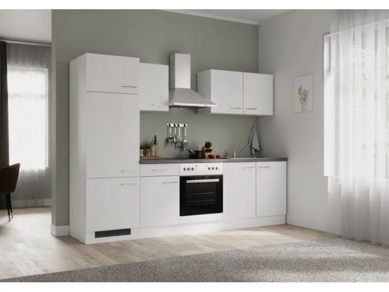 Flex-Well Exclusiv Küchenzeile Joelina 270 cm Weiß matt - Beton Grau< Kühlschränke|Küchenschränke