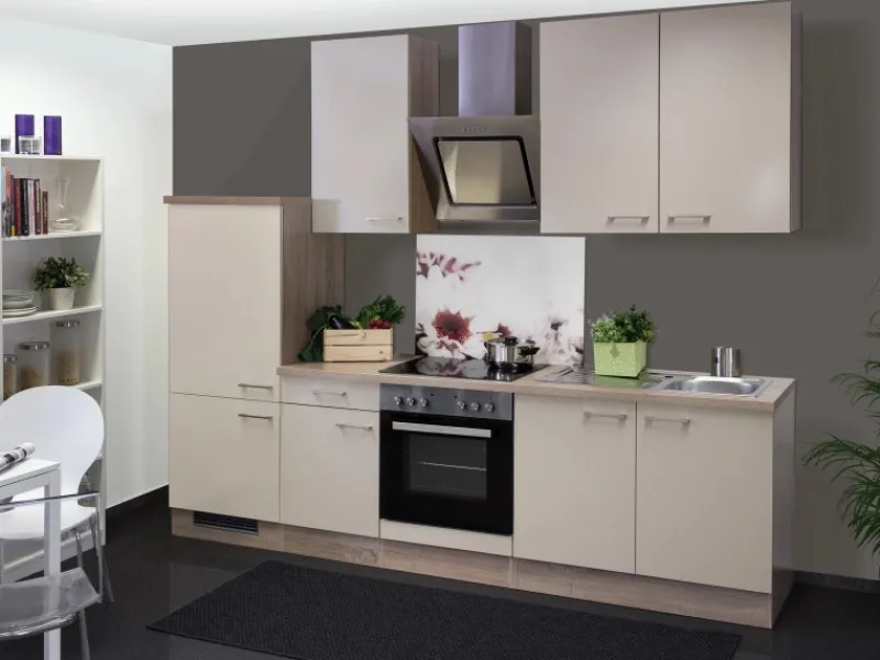 Flex-Well Exclusiv Kühlschränke|Einbauküchen<Küchenzeile Orlando 270 cm Kaschmir Glanz-Sonoma Eiche