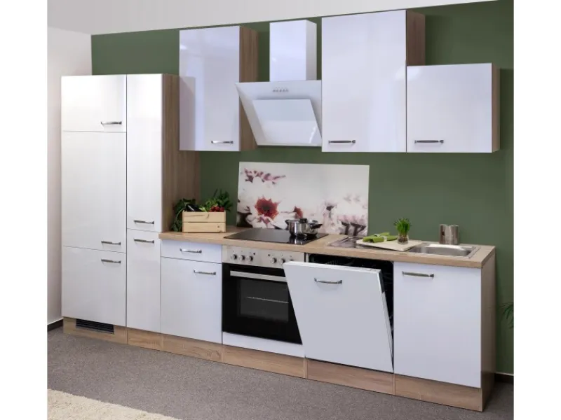 Flex-Well Exclusiv Küchenzeile Valero 310 cm Hochglanz Weiß-Sonoma Eiche< Einbauküchen|Küchenschränke