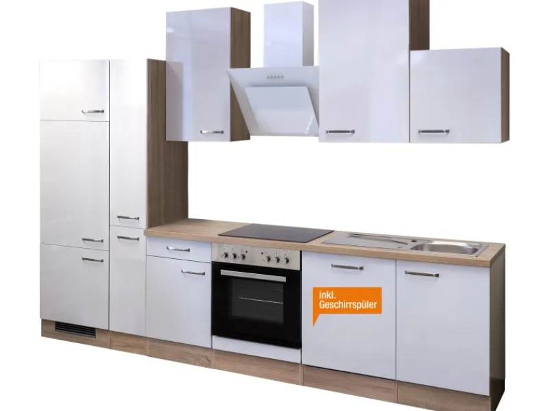 Flex-Well Exclusiv Küchenzeile Valero 310 cm Hochglanz Weiß-Sonoma Eiche< Einbauküchen|Küchenschränke