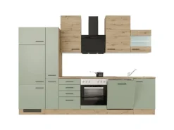 Flex-Well Exclusiv Küchenzeile Cara 310 cm Schilfgrün matt - Artisan Eiche< Einbauküchen|Kühlschränke