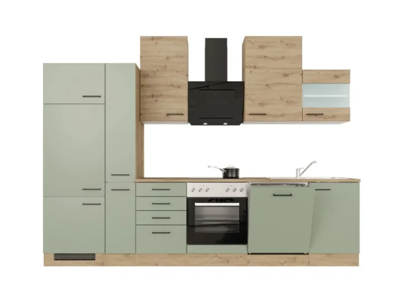 Flex-Well Exclusiv Küchenzeile Cara 310 cm Schilfgrün matt - Artisan Eiche< Einbauküchen|Kühlschränke