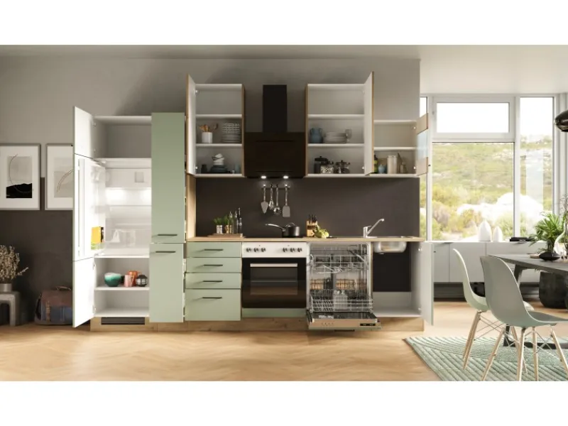 Flex-Well Exclusiv Küchenzeile Cara 310 cm Schilfgrün matt - Artisan Eiche< Einbauküchen|Kühlschränke