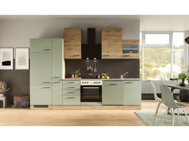 Flex-Well Exclusiv Küchenzeile Cara 310 cm Schilfgrün matt - Artisan Eiche< Einbauküchen|Kühlschränke