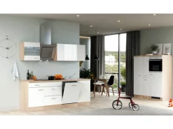 Flex-Well Exclusiv Küchenzeile Valero 360 cm Hochglanz Weiß - Sonoma Eiche< Kochfelder|Kühlschränke
