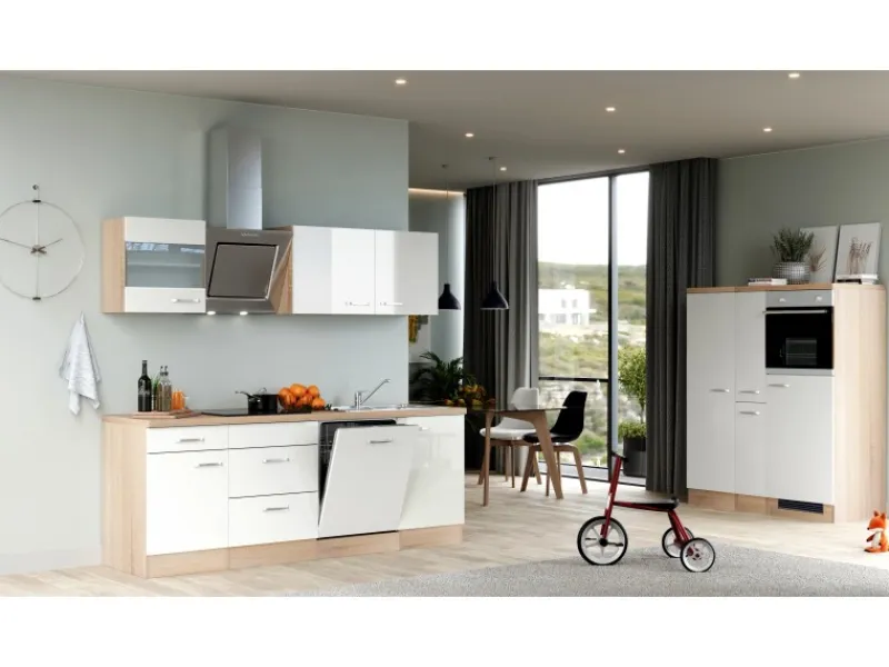 Flex-Well Exclusiv Küchenzeile Valero 360 cm Hochglanz Weiß - Sonoma Eiche< Kochfelder|Kühlschränke